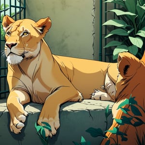 (A female lion) relaxing in another corner, background at zoo, (in the combined style of Mœbius and french comics), (minimal vector:1.1)