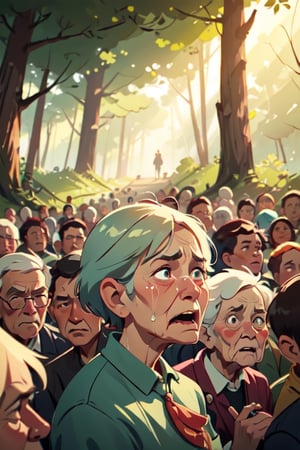 (illustration of crowd old people cry, sad ), background at the forest, looked from afar, art by Atey Ghailan,masterpieece
