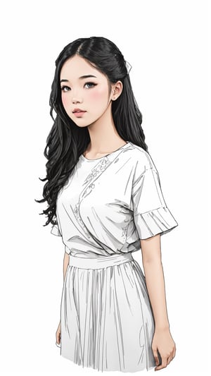 1girl, b/w outline art, full white, white background, coloring style, Sketch style, Sketch drawing,adjie,dinda