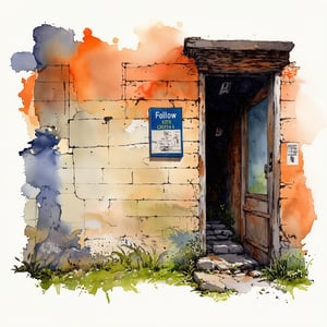 Fantasy realistic watercolor painting art of wall of abandon building. there sign at wall " follow @ildzikf.AI " Background is watercolor splotches