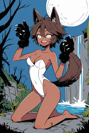 1girl, solo, smile, breasts, cleavage, :d, animal ear fluff, animal ears, animal hands, barefoot, borrowed character, brown hair, claws, dark-skinned female, dark skin, fingernails, full moon, hair between eyes, hands up, highleg, highleg leotard, leotard, looking at viewer, medium breasts, monster girl, moon, open mouth, sharp fingernails, short hair, tail, tareme, werewolf, white eyes, white leotard, wolf ears, wolf girl, wolf tail, outdoors, waterfall, day