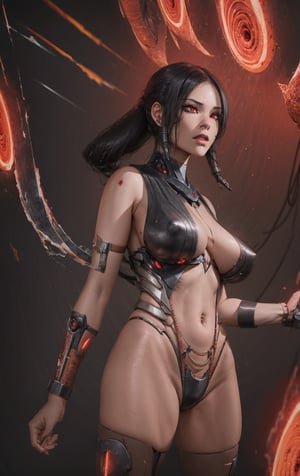 cyborg lady, acient temple,dinhlang,cybernetic jaw, mechanical parts, metal skin, glowing red eyes, cables, wires, black hair, simple background,torn clothes, sagging breasts,nindi