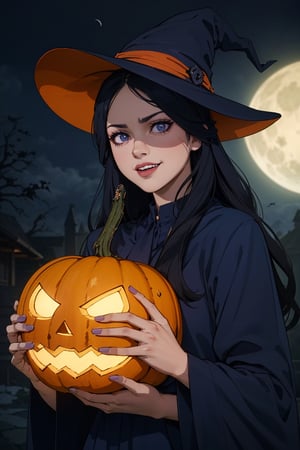 (best quality,4k,8k,highres,masterpiece:1.2),ultra-detailed,(realistic,photorealistic,photo-realistic:1.37),creepy,spooky,halloween theme,anime girl,halloween makeup,detailed eyes,detailed lips,long eyelashes,wavy black hair,evil smile,bloody red lipstick,gloomy atmosphere,haunted background,glowing pumpkin,witch hat,black robe,eerie lighting,horror anime style,dark purple color palette,ghostly aura,scary expression,menacing grin,sinister vibe,gothic aesthetic,witchcraft,witchy vibes,cobwebs,spellbook,curled horns,witchy cat,full moon,haunted mansion,trick or treat,spider webs,creepy crawlies,nightmare fuel,alessa