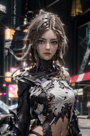 masterpiece, detailed face, 8k, 3d, cgi, Perfect woman,abs,wavy long hair, unreal engine 5, unreal engine 5 render, cyberpunk, realtime rendering, RTX ON, metahuman,4rmorbre4k,torn clothes,torn bodysuit,torn