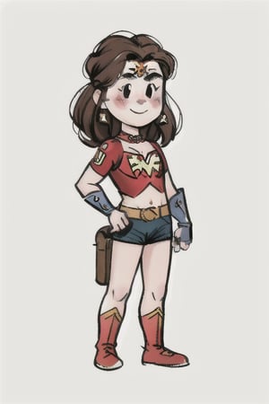 chibi, style parody, ((masterpiece,best quality)), absurdres, hmdmg1, woman, pale skin ,wonder woman costume, blush, blush stickers, solo, smiling,looking at viewer, cowboy shot, cinematic composition, contrapposto,simple background, white background, eldmeisterog style ,sks style,sketch art, multiple belts, fingerless gloves, black clothes,DEATHMETAL,album_cover