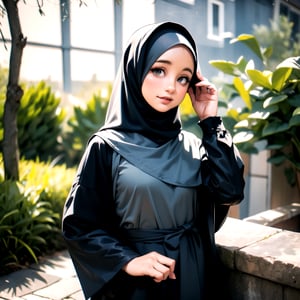 lady, 25 years old, hijab, modest, graceful, delicate face, perfect, royal, random color dress, random aesthetic outdoor background, loose clothes,exposure blend, cowboy shot, bokeh, (hdr:1.4), high contrast, (cinematic, random color), (muted colors, dim colors, soothing tones:1.3), low saturation, dramatic pose, upper body, mature face,gamis, smile, aesthetic,perfecteyes, looking at viewer,((Ariana Grande)), 
