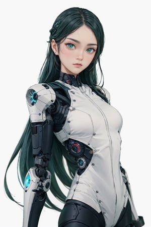 shodanSS_soul3142, 1boy, solo, green eyes, glowing eyes, robot joints, long hair, looking at viewer, glowing, green hair, grey skin, android, colored skin,dinda,alessa