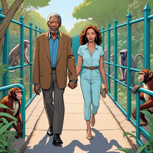 Morgan Freeman with his one wife, holding hands, entering zoo, monkey section at zoo, (in the combined style of Mœbius and french comics), (minimal vector:1.1)