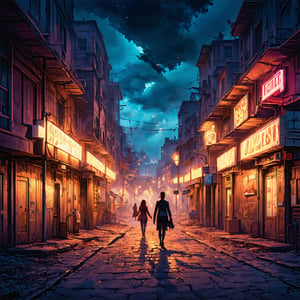 Fantasy realistic watercolor painting art of neon district at night,  abandon for 100 years