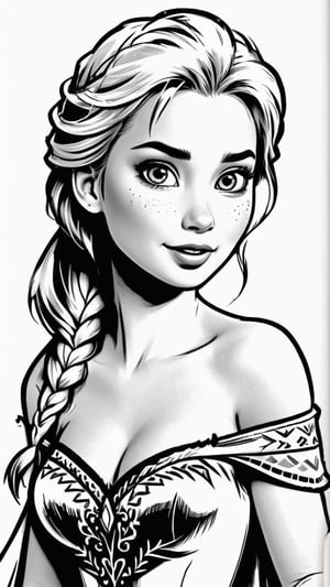 frozen princess elsa themes coloring book,black and white, for kids, best quality, ultra detailed, photorealistic, high quality, high resolution, super detailed, drwbk coloring book drawing,ColoringBookAF