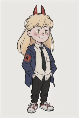 chibi, style parody, ((masterpiece,best quality)), absurdres, hmdmg1, woman, pale skin ,(power_csm), blonde hair, yellow eyes, cross-shaped pupils, symbol-shaped pupils, red horns, sharp teeth, white buttoned shirt, blue jacket, black necktie, black pants, sneaker shoes, blush, blush stickers, solo, smiling,looking at viewer, cowboy shot, cinematic composition, contrapposto,simple background, white background, eldmeisterog style ,sks style,sketch art,album_cover,