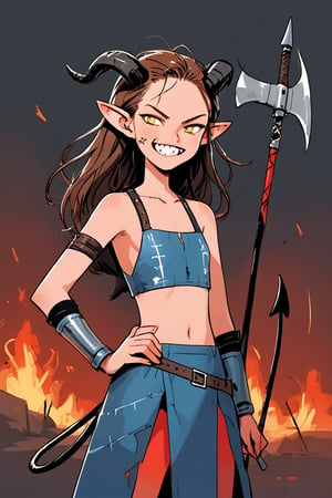 1girl, solo, grin, horns, smile, teeth, collarbone, armor, axe, bare shoulders, broken horn, brown hair, colored skin, demon girl, demon horns, demon tail, fire, flat chest, hand on own hip, holding, holding axe, holding weapon, long hair, looking at viewer, pointy ears, red hair, red skin, sharp teeth, single bare shoulder, tail, tiefling, upper body, weapon, yellow eyes