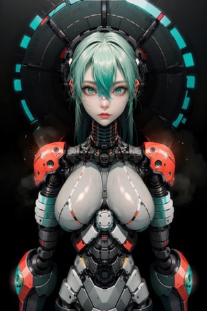 shodanSS_soul3142, 1girl, solo, green eyes, glowing eyes, robot joints, long hair, looking at viewer, glowing, green hair, grey skin, android, colored skin,sagging breasts,epoint2016