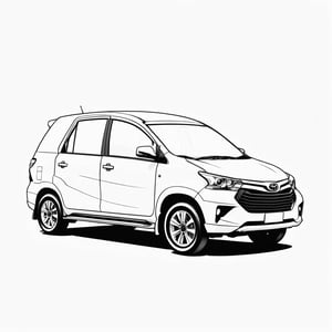 coloring book, bold line art. White and black minimalistic draw coloring page for a toyota avanza. Defined lines. Clean Drawn. Vector, Coloring Page, Bold line art, Coloring Book, Outline, Coloring, Coloring Sheet, Coloring Book, Coloring Page, Black and white, illustration, Draw, drwbk coloring book drawing