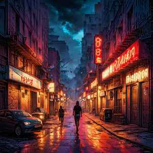 Fantasy realistic watercolor painting art of neon district at night,  abandon for 100 years