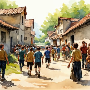 Fantasy realistic watercolor painting art of abandon village, crowd zombie chase viewer 