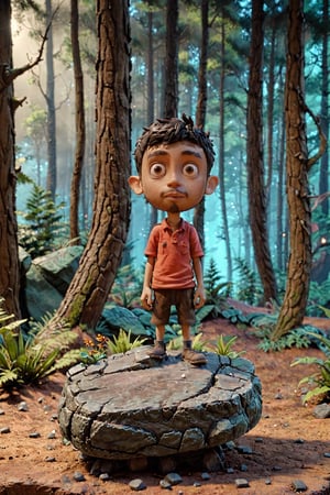 A whimsical, animated scene set in a forest-like environment. A character, resembling a male, 29 years old, stands on a small rock, ,il4dzxl