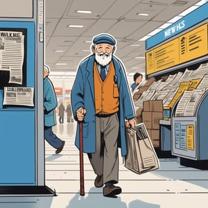 illustration of newspaper deliveryman ,very old man, sell bunch of newspaper, happy face, using walking stick, Hunchback, standing near newspaper vendor in new york airport in 2010, full body, (looked from medium), art by Atey Ghailan, masterpiece, perfect anatomy,(cute comic)