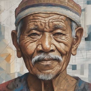 half body portrait of old Indonesian man with kopeah, facing the camera, realistic, cubist style, ballpoint pen sketch with rough, loose and faint lines, various color variations, polygonal shapes, straight lines, harmonization of color, shape and light, bright colors, high contrast, ASCII art. at the bottom there is the words "NAMA ANDA" which is clearly legible and spelled correctly.