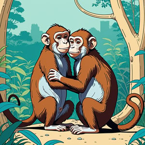 Monkeys playing hug together in their enclosure, background at the zoo, (in the combined style of Mœbius and french comics), (minimal vector:1.1)