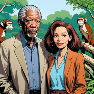 Morgan Freeman with his one wife, looking tocouple monkey at zoo, (in the combined style of Mœbius and french comics), (minimal vector:1.1)