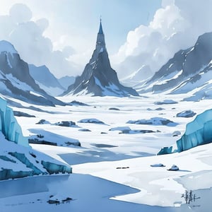 Fantasy realistic watercolor painting art of an icy wasteland full of snow with mountains in the background. A tall stone tower rises into the cloudless sky off in the distance. Background is watercolor splotches