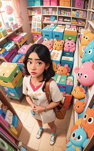 masterpiece, best quality, high detailed, colorful, from above, solo, realistic, girl standing in a store with lots of stuffed animals on the shelves and a bag of stuff, hazel eyes, fisheye lens
,mandha