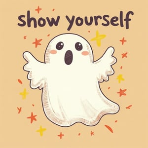 k1dsp0ster, kids poster of the phantom ghost with word "show yourself". light brown background. in the style of t0k