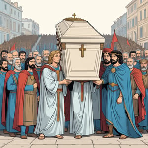 An illustration of group of doctor carrying a coffin with Alexander the Great's generals watching, (in the combined style of Mœbius and french comics), (minimal vector:1.1)