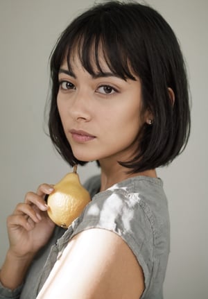 realistic,1girl,solo,short hair,realistic,food,fruit,lips,looking at viewer,black hair,holding,black eyes,upper body,bob cut,lemon,brown hair,brown eyes,grey background,holding fruit, (perfect face: 1.3), (face details: 1.3), beautiful glistening eyes, (tasty breasts: 1.3), sweeping circling composition, masterpiece, nsfw, 8k,nindi