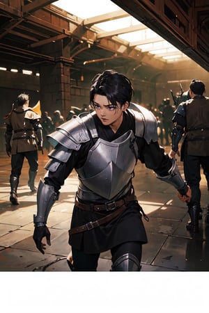 (best quality:1.2), (masterpiece), (best lighting), (extremely detailed 8k CG unit wallpaper), (best studio lighting), a boy, short black hair, wearing armor knight, background of war scenery, several people fighting, his red gaze fixed on the viewer,putra