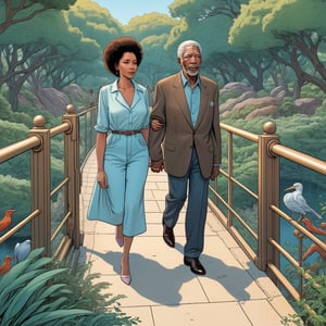 Morgan Freeman with his one negro wife, holding hands, entering zoo, ((Bird’s eye view)), (in the combined style of Mœbius and french comics), (minimal vector:1.1)