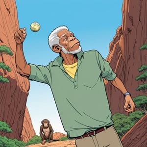 Morgan Freeman  throwing a stone to zoo monkey section, (in the combined style of Mœbius and french comics), (minimal vector:1.1)