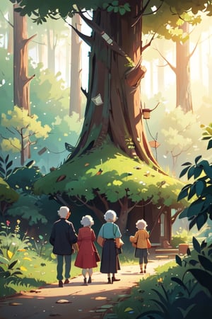 (illustration of some old people bring money), background at the forest, looked from afar, art by Atey Ghailan,masterpiece