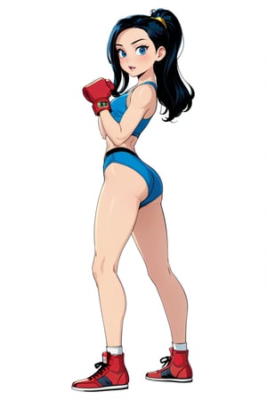 (in the combined style of Mœbius and french comics), (minimal vector:1.1), full shot of woman, ((full body)), simple background, wearing sexy boxing, DonMM1y4XL,b3rli,disney pixar style