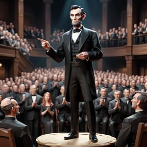 illustration of Abraham Lincoln as motivator wearing black suit, (pointed at audience), background random face audience and outfit, masterpiece, perfect anatomy, full body, 
