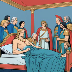 An illustration of a sick Alexander the Great lying in bed surrounded by his generals, sideview angle, (in the combined style of Mœbius and french comics), (minimal vector:1.1)