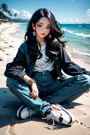 masterpiece, ultra high res, absurdres,
A young woman in Santa Monica is walking along the beach, dressed in a trendy fashion style. She has long, wavy hair and a natural makeup. She wears a denim jacket by Levi's, an oversized T-shirt by Champion, and sneakers by Nike. She also wears small earrings and a simple necklace and bracelet. She is a freelance illustrator and enjoys relaxing on the beach on her days off,
looking at viewer,
dutch angle, 