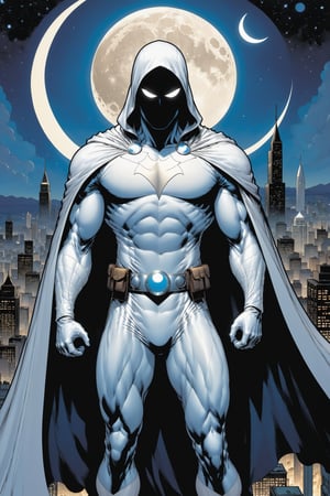 Standing atop a moonlit rooftop, the enigmatic figure known as Moon Knight cuts a striking silhouette against the city skyline. Clad in a suit of White leather, with a hooded cloak, ((adorned with intricate crescent moon motifs)), he exudes an aura of otherworldly power. His muscular physique is accentuated by the tight-fitting suit, which hugs his form like a second skin. A billowing White cape, flows behind him, adding to the air of mystique that surrounds him.

Atop his head rests a hooded cloak and cowl, concealing his features in shadow while his piercing white eyes gleam with an otherworldly intensity. In one hand, he grips a crescent-shaped staff, a versatile weapon capable of both striking down his foes and aiding in his acrobatic feats. On his utility belt, an array of gadgets and tools are holstered, ready to be deployed at a moment's notice.

With an air of silent determination, Moon Knight stands ready to mete out justice upon those who would dare to threaten the innocent, his presence a beacon of hope in the darkness of the night.