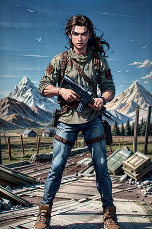 best quality,masterpiece,illustration,super detailed,High detail RAW photo,professional photograph,ultra-detailed,CG,unity,8k wallpaper,extremely detailed CG,extremely detailed,extremely detailed,Amazing,finely detail,official art,High quality texture,highres,
brown hair, intricate, masculine,handsome, highly detailed,digital , PUBG game,photography, Pubg male charector, 1boy, with M416 glacier AMR, full size image, in battlefield , holding gun,  6x scope , war,(full body)fighting_stance,dynamic pose,standing,Detailedface,  ruined city background,r0n4ld0