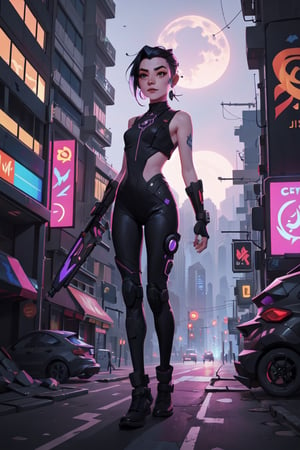 1girl,cyberpunk city,night ciry,realistic,science fiction,flat colors,,jinx \(league of legends\),beautiful,(cute:1.2),gheayoubi