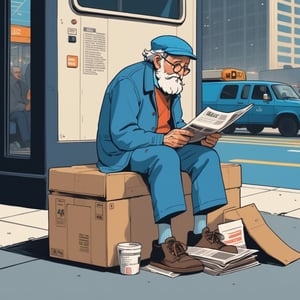 illustration of newspaper deliveryman, old man, sit at corner of new york airport in 1975, full body, (looked from medium), art by Atey Ghailan, masterpiece, perfect anatomy,(cute comic)