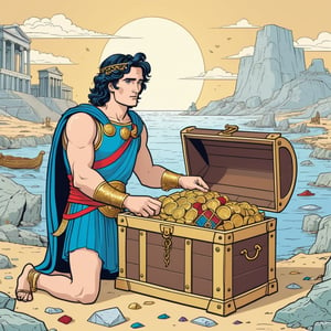 An illustration of a Alexander the Great hold treasure background found treasure chest, (in the combined style of Mœbius and french comics), (minimal vector:1.1)