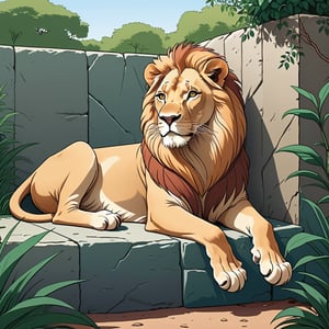 (A female lion) relaxing in another corner, background at zoo, (in the combined style of Mœbius and french comics), (minimal vector:1.1)