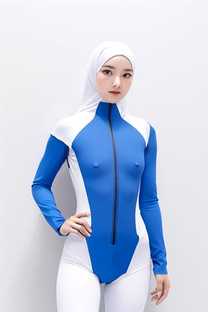 1girl, gorgeous, (dynamic pose:0.8),(cowboy shot),studio lighting, white background, japanese teen top model, amber eyes, (white blue special agent exoskeleton  suit:1.2), small breasts,hijab