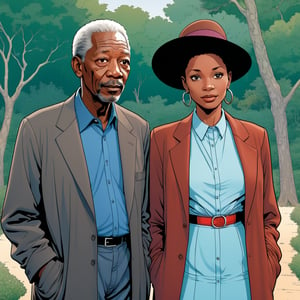 Morgan Freeman with his one negro wife, facing away from the viewer (in the combined style of Mœbius and french comics), (minimal vector:1.1), background at zoo