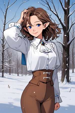 1girl, solo, sidelocks, smile, lips, breasts, cowboy shot, brown hair, medium hair, blue eyes, hair between eyes, closed mouth, pointy ears, medium breasts, snow, pants, frills, snowing, long sleeves, looking at viewer, corset, outdoors, shirt, ascot, standing, arm up, brown pants, puffy long sleeves, frilled shirt, center frills, adjusting hair, white shirt, frilled sleeves, underbust, wind, puffy sleeves, brooch, white neckwear, elf, hair tucking, buttons, hand up, tree, hand in hair, white ascot, blouse, double-breasted, winter, brown corset, arm at side, floating hair, nature