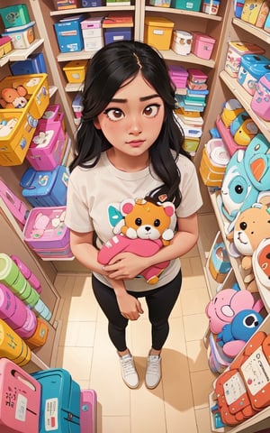 masterpiece, best quality, high detailed, colorful, from above, solo, realistic, girl standing in a store with lots of stuffed animals on the shelves and a bag of stuff, hazel eyes, fisheye lens
,alessa