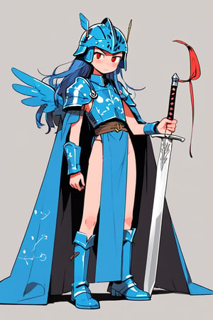 1girl, solo, braid, sidelocks, blush, :<, armor, blue armor, blue footwear, blue hair, boots, cosplay, dot nose, flat chest, helmet, holding, holding weapon, jitome, legs, long hair, looking at viewer, pelvic curtain, red eyes, shoulder armor, sword, thighs, v-shaped eyebrows, warrior, weapon, winged helmet