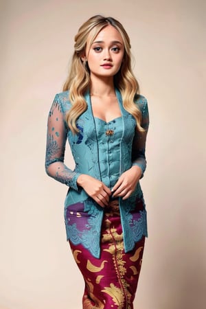 ella purnel, full body, lust face, o mouth, slim body, wearing kebaya, long blonde hair,(in the combined style of Mœbius and french comics), (minimal vector:1.1), simple background,ella_purnell,